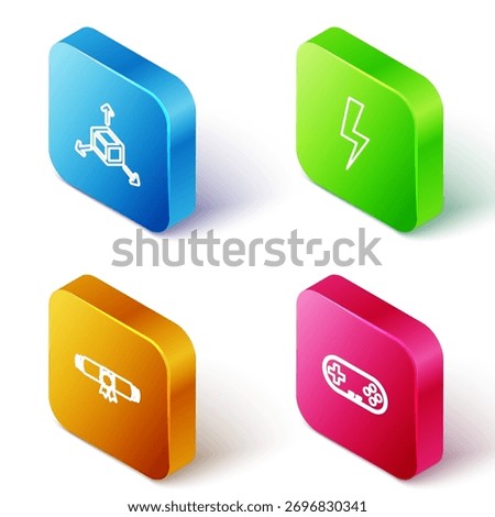Set Isometric line Isometric cube, Lightning bolt, Diploma rolled scroll and Gamepad icon. Vector
