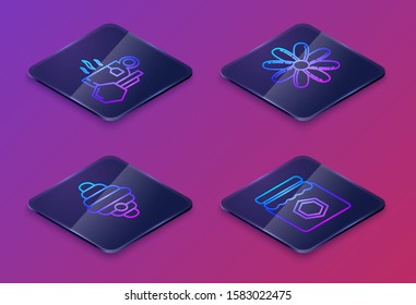 Set Isometric line Cup of tea with honey, Hive for bees, Flower and Jar of honey. Blue square button. Vector