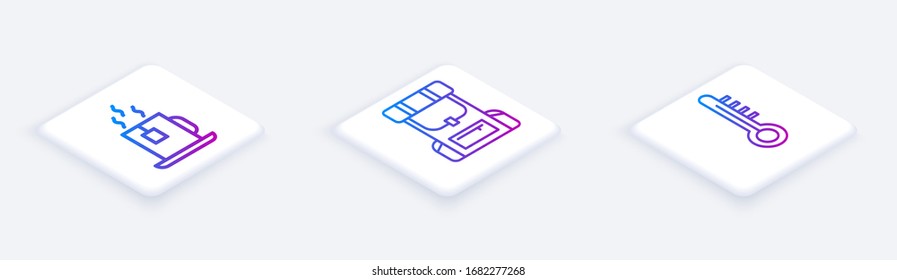 Colocar la copa de té con bolso de té, mochila de senderismo y termómetro de meteorología. Botón cuadrado blanco. Vector