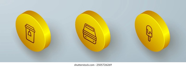 Set Isometric line Cup of tea, Lunch box and Ice cream icon. Vector