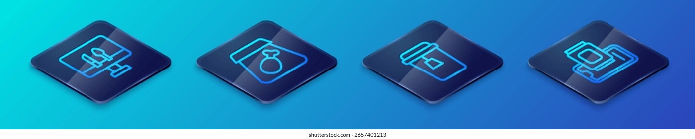 Conjunto de línea isométrica taza de té, pedidos en línea de alimentos, comida en el móvil y el icono de comida. Vector