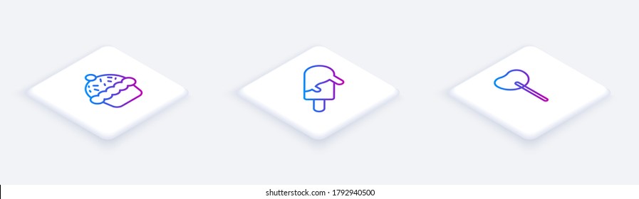 Establezca la línea isométrica Cupcake, helado y chupete. Botón cuadrado blanco. Vector