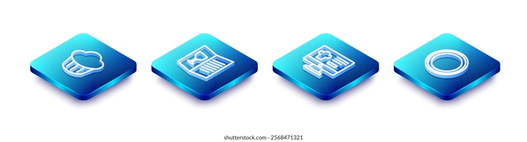 Set Isometric line Cupcake, Restaurant cafe menu, Online ordering and delivery and Plate icon. Vector