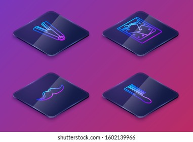 Set Isometric line Curling iron for hair, Mustache, Glass of whiskey and ice cubes and Hairbrush. Blue square button. Vector