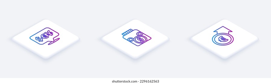 Set Isometric line Currency exchange, Glass money jar with coin and Financial growth and euro. White square button. Vector