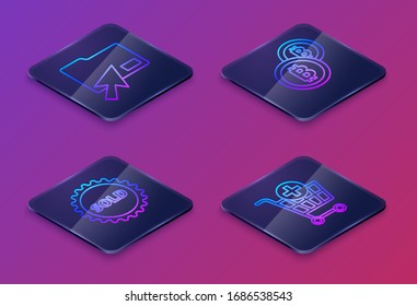 Set Isometric line Cursor click document folder, Sold label, Cryptocurrency coin Bitcoin and Add to Shopping cart. Blue square button. Vector