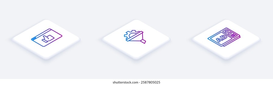 Set Isometric line Customer product rating, Sales funnel with gear and Advertising. White square button. Vector