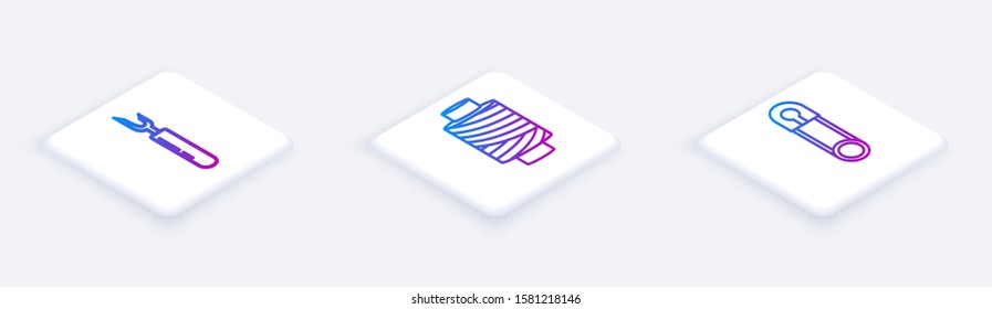 Set Isometric line Cutter tool, Sewing thread on spool and Classic closed steel safety pin. White square button. Vector