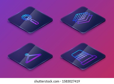 Set Isometric line Cutter tool, Hanger wardrobe, Textile fabric roll and Thimble for sewing. Blue square button. Vector