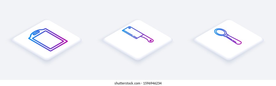 Set Isometric line Cutting board , Meat chopper  and Spoon . White square button. Vector