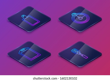 Set Isometric line Cutting board , Cutting board , Kitchen timer  and Spatula . Blue square button. Vector