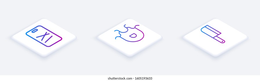 Set Isometric line Cutting board, Kitchen apron and Meat chopper. White square button. Vector