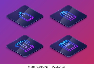 Set Isometric line Cutting board, Electric kettle, Salt and Oven. Blue square button. Vector