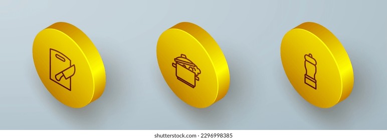 Set Isometric line Cutting board and knife, Cooking pot and Pepper icon. Vector