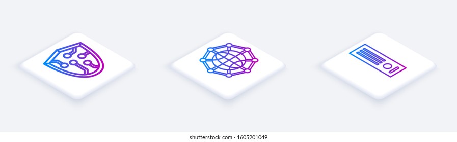 Set Isometric line Cyber security, Global technology or social network and Video game console. White square button. Vector