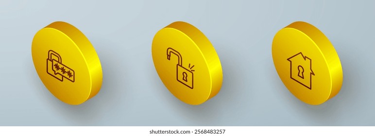 Set Isometric line Cyber security, Open padlock and House under protection icon. Vector