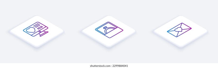 Establezca la línea Isometric Dating app online, Diamond engagement ring y Envelope con corazón de San Valentín. Botón cuadrado blanco. Vector