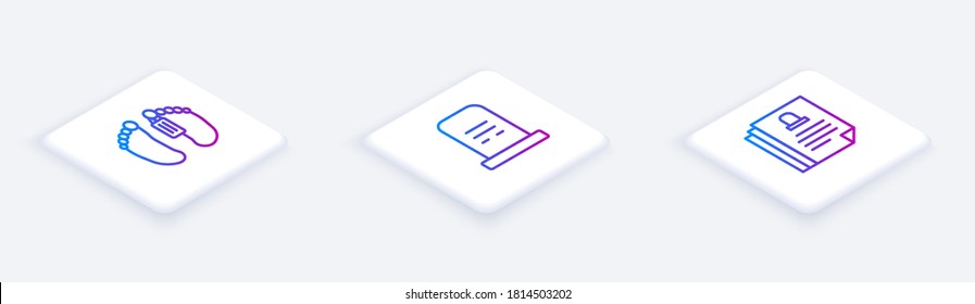 Set Isometric line Dead body, Grave with tombstone and Death certificate. White square button. Vector