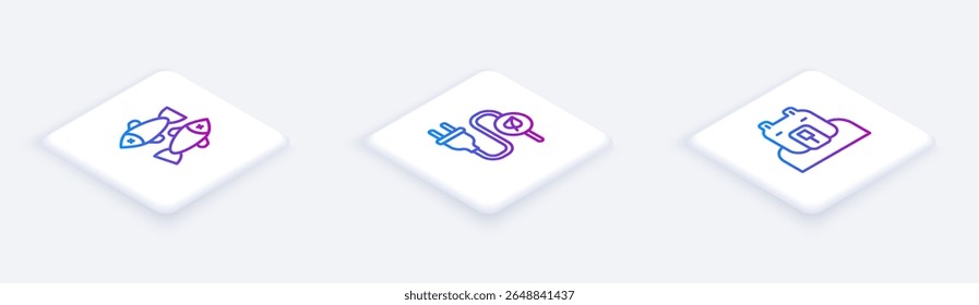 Set Isometric line Dead fish, Electric saving plug in leaf and Polar bear head. White square button. Vector