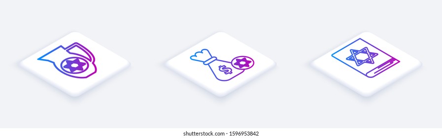 Set Isometric line Decanter with star of david, Jewish money bag with star of david and coin and Jewish torah book. White square button. Vector