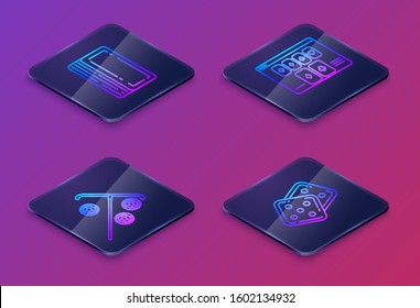 Set Isometric line Deck of playing cards, Stick for chips, Online poker table game and Game dice. Blue square button. Vector