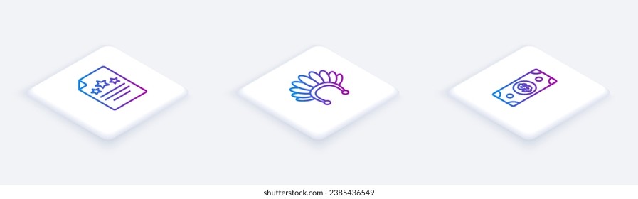 Set Isometric line Declaration of independence, Indian headdress with feathers and Stacks paper money cash. White square button. Vector
