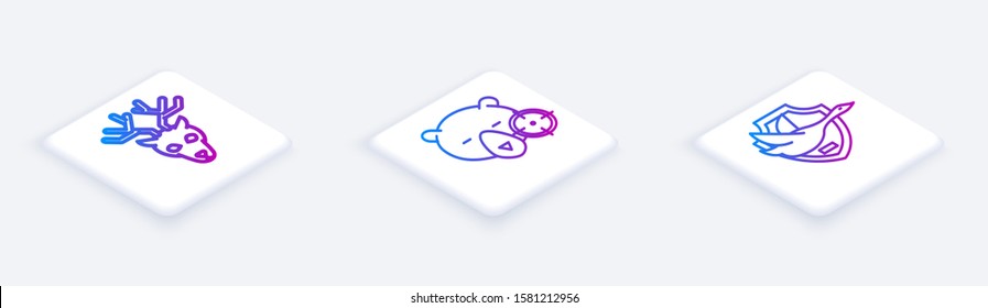 Set Isometric line Deer head with antlers, Hunt on bear with crosshairs and Flying duck on shield. White square button. Vector