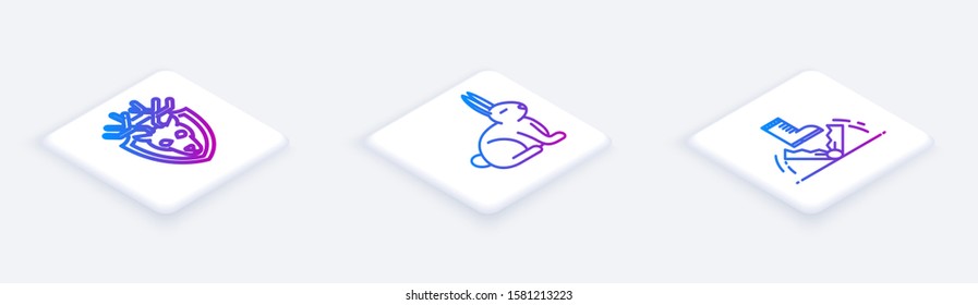 Set Isometric line Deer head with antlers on shield, Rabbit and Trap hunting. White square button. Vector