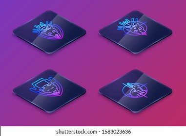 Set Isometric line Deer head with antlers on shield, Moose head on shield, Hunt on deer with crosshairs and Hunt on rabbit with crosshairs. Blue square button. Vector