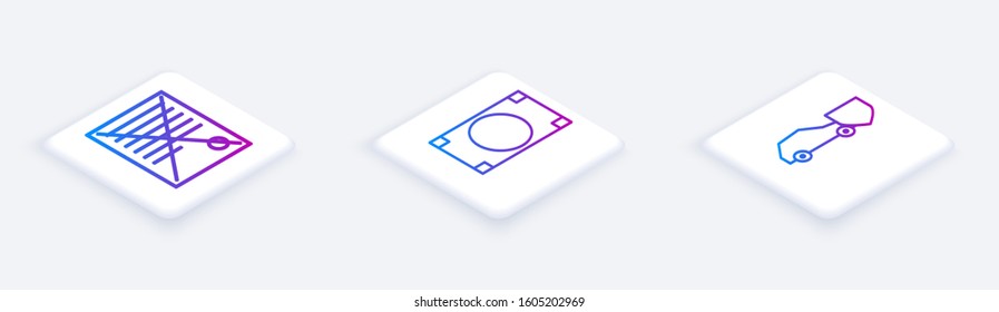 Set Isometric line Delete file document, Stacks paper money cash and Car with shield. White square button. Vector