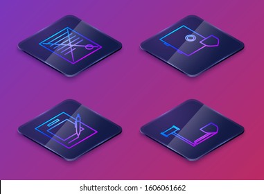 Set Isometric line Delete file document, Blank notebook and pen, Safe with shield and Judge gavel with shield. Blue square button. Vector
