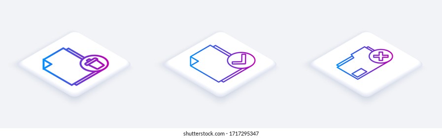 Set Isometric line Delete file document, Document and check mark and Delete folder. White square button. Vector