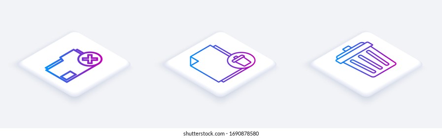 Set Isometric line Delete folder, Delete file document and Trash can. White square button. Vector