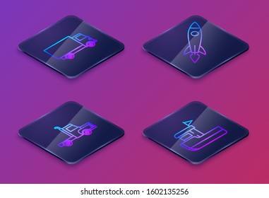 Set Isometric line Delivery cargo truck vehicle, Delivery cargo truck vehicle, Rocket ship with fire and Fishing boat. Blue square button. Vector