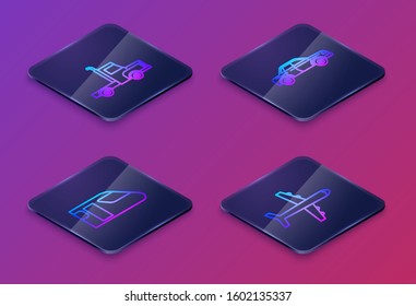 Set Isometric line Delivery cargo truck vehicle, Train, Sedan car and Plane. Blue square button. Vector