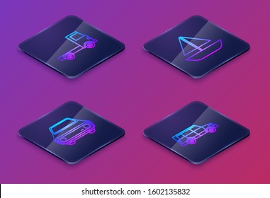 Set Isometric line Delivery cargo truck vehicle, Car, Yacht sailboat or sailing ship and Off road car. Blue square button. Vector