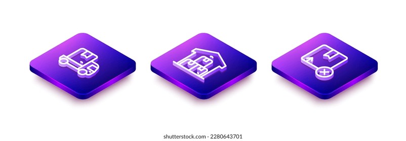 Set Isometric line Delivery cargo truck, Full warehouse and Carton cardboard box icon. Vector