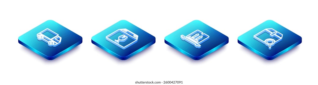 Set Isometric line Delivery cargo truck vehicle, box with fragile content, Cardboard boxes pallet and Search package icon. Vector