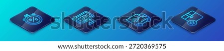 Set Isometric line Delivery cargo truck, Stopwatch percent discount, Carton cardboard box and Online shopping screen icon. Vector