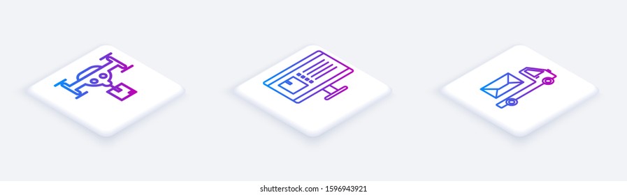 Set Isometric line Delivery drone with the package , Computer monitor with app delivery tracking  and Post truck . White square button. Vector