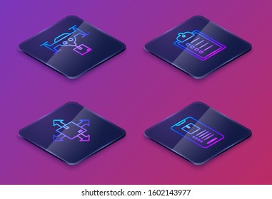 Set Isometric line Delivery drone with the package, Cardboard box with traffic symbol, Verification of delivery list clipboard and Mobile phone with app delivery tracking . Blue square button. Vector Set Isometric line Delivery drone with the package, Cardboard box with traffic symbol, Verification of delivery list clipboard and Mobile phone with app delivery tracking . Blue square button. Vector