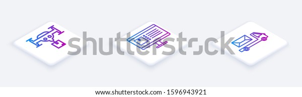 Set Isometric line Delivery drone with the package\
, Computer monitor with app delivery tracking  and Post truck .\
White square button.\
Vector