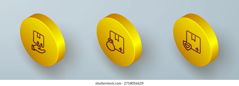 Definir linha isométrica Entrega mão com caixa, cartão de cartão e ícone de escudo de segurança. Vetor