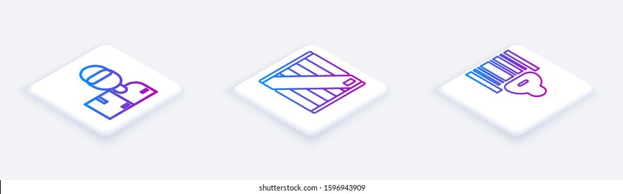 Set Isometric line Delivery man with cardboard boxes , Wooden box  and Scanner scanning bar code . White square button. Vector