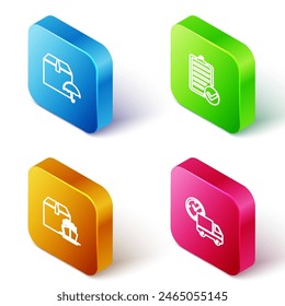 Set Isometric line Delivery package with umbrella, Verification of delivery list, Cargo ship boxes and truck and clock icon. Vector