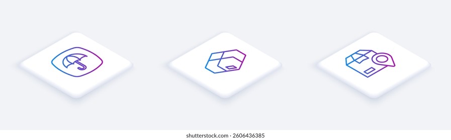 Set Isometric line Delivery package with umbrella, Carton cardboard box and Location. White square button. Vector