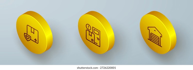 Set Isometric line Delivery security with shield, Home delivery services and Warehouse icon. Vector