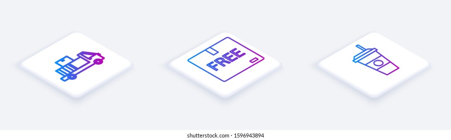 Set Isometric line Delivery truck with cardboard boxes, Cardboard box with free symbol  and Coffee cup . White square button. Vector