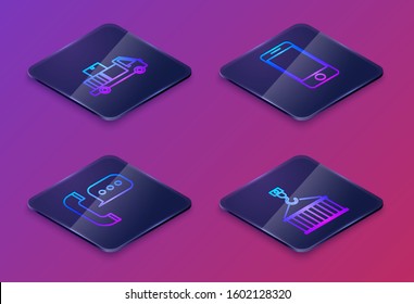 Set Isometric line Delivery truck with cardboard boxes, Telephone with speech bubble chat , Mobile phone with app delivery tracking and Container on crane. Blue square button. Vector