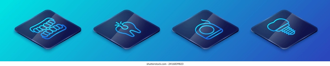 Set Isometric line Dental floss, Dentures model, implant and Broken tooth icon. Vector